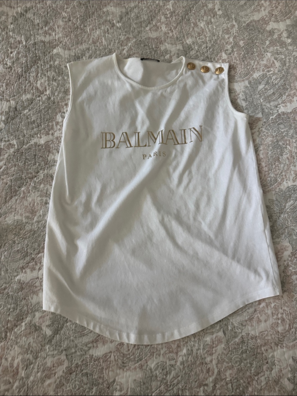Balmain White Logo Sleeveless Top with Gold Buttons